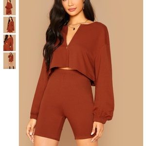 Zip up crop top and biker shorts set